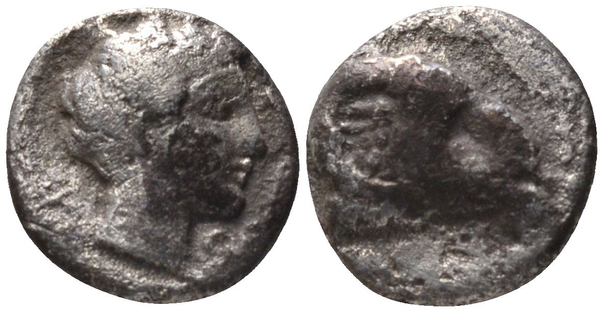 Древняя Греция, Кария, Галикарнас гемиобол 400 - 340 гг. до н.э. голова Аполлона / голова барана, 0,39 гр SNG Helsinki 873; SNG Kayhan 996 серебро 1073-9-54