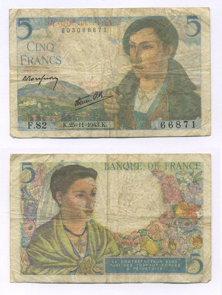 ФРАНЦИЯ 5 ФРАНКОВ 1943 25 НОЯБРЯ 1943 Pick 98a бумага 7183-4-1-2