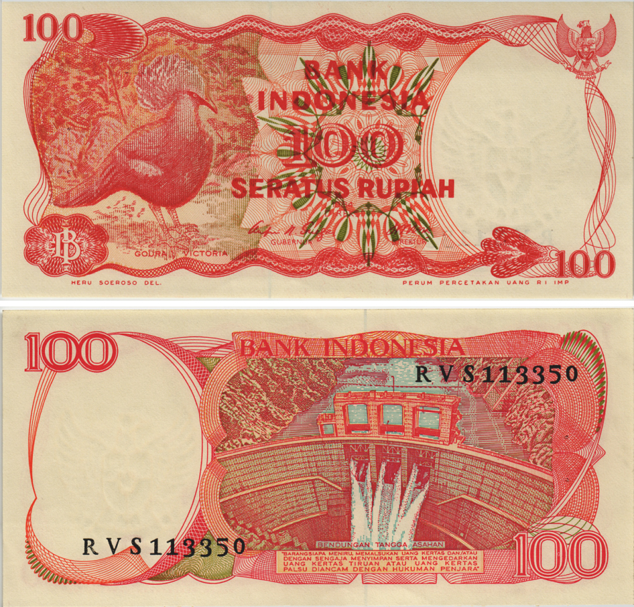 ИНДОНЕЗИЯ 100 РУПИЙ 1984 ВЕНЦЕНОСНЫЙ ГОЛУБЬ, ДАМБА АСАХАНА Pick 122b бумага аUNC 8604-50-3-1