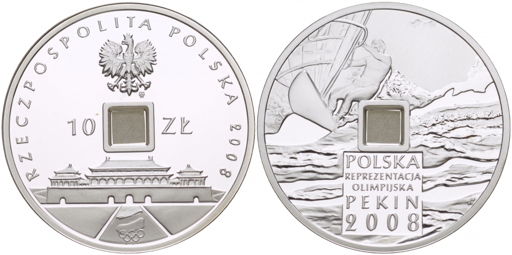 Польша 10 злотых 2008 XXIX Летние Олимпийские игры 2008 года в Пекине, виндсерфинг, стилизованная под старинный кэш KM 646 серебро PROOF 1087-4-53