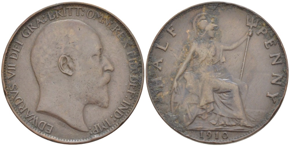 Великобритания 1/2 пенни 1910 Эдуард VII (1901-1910) KM 793.2, Spink 3991 бронза 4380-944