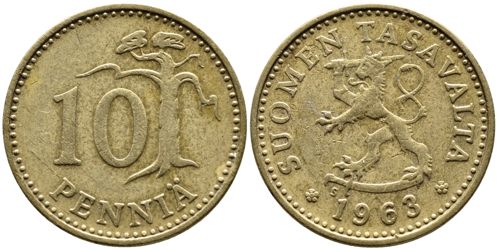 ФИНЛЯНДИЯ 10 ПЕННИ 1963 S KM 46 алюминиевая бронза 75-452