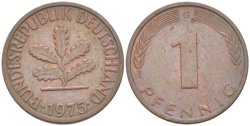ФРГ 1 ПФЕННИГ 1975 G KM 105, J. 380 сталь плакированная медью 4181-617