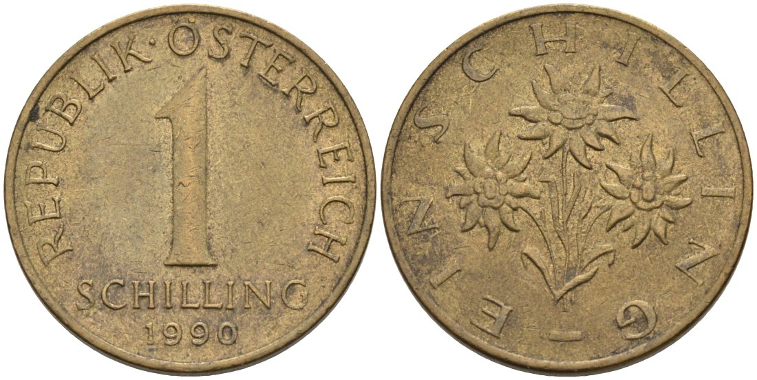 АВСТРИЯ 1 ШИЛЛИНГ 1990 КМ 2886 алюминиевая бронза 4573-312