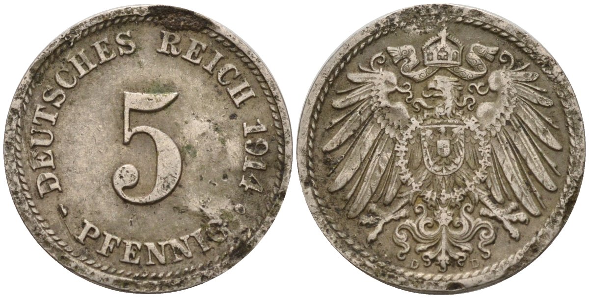 Германия 5 пфеннигов 1914 D KM 11, J. 12 медно-никель 4151-549