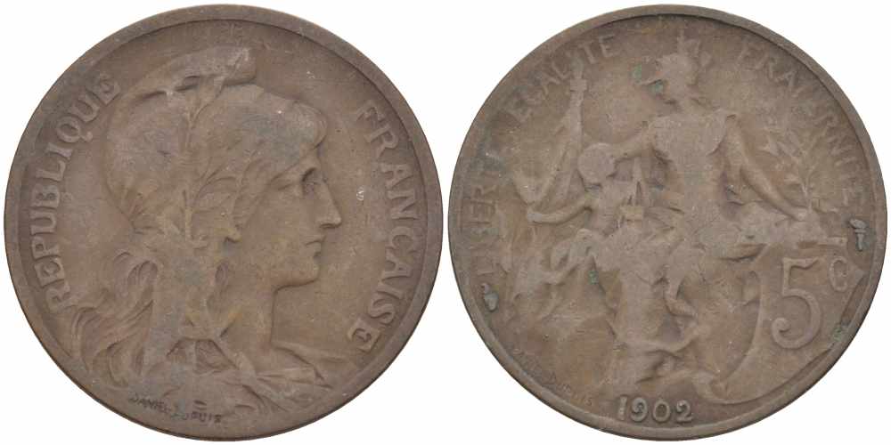 ФРАНЦИЯ 5 САНТИМОВ 1902 ТИП ДАНИЭЛЬ ДЮПЮИ KM 842, LE FRANC 119.12 бронза 108-835