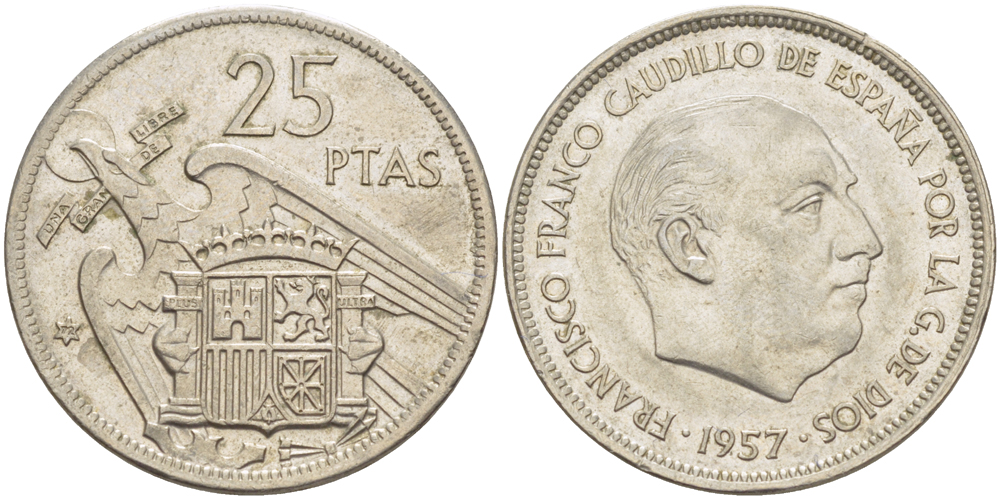 ИСПАНИЯ 25 ПЕСЕТ 1957 (72) ФРАНСИСКО ФРАНКО ДИКТАТОР ИСПАНИИ ( 1939- 1975) KM 787 медно-никель 216-711