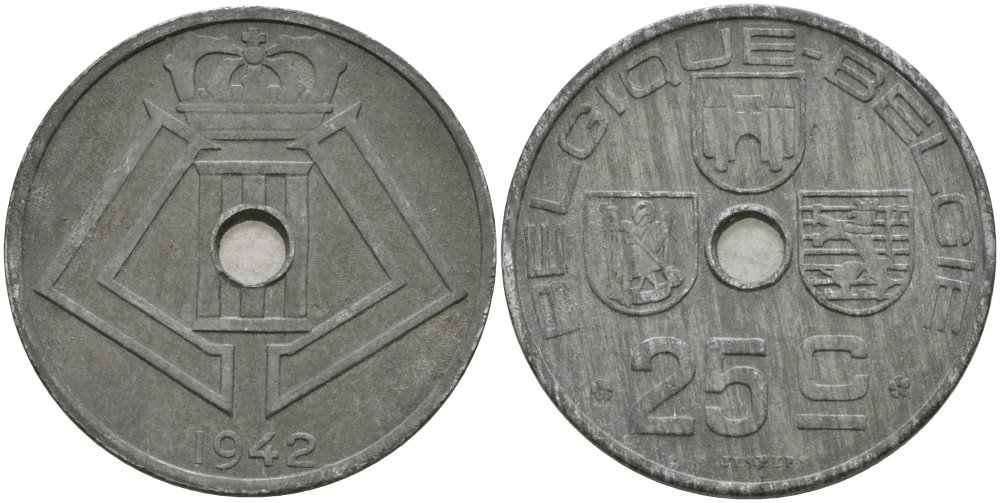 Бельгия 25 сантимов 1942 Belgique-Belgie, Леопольд III (1934-1947) KM 131 цинк 4579-244