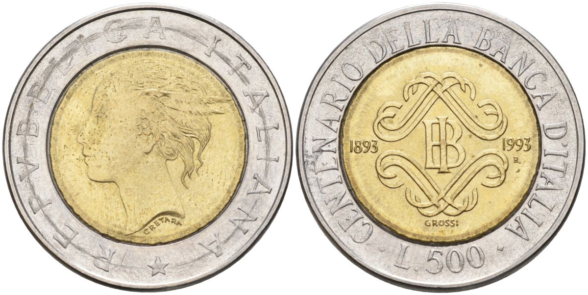 Италия 500 лир 1993 R, 100 лет банку Италии (1893-1993) KM 160 биметалл 27-1121