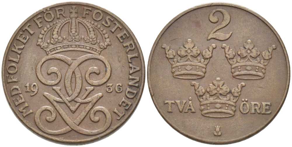 Швеция 2 эре 1936 короткая 6, Густав V (1907-1950) KM 778 бронза 119-1025