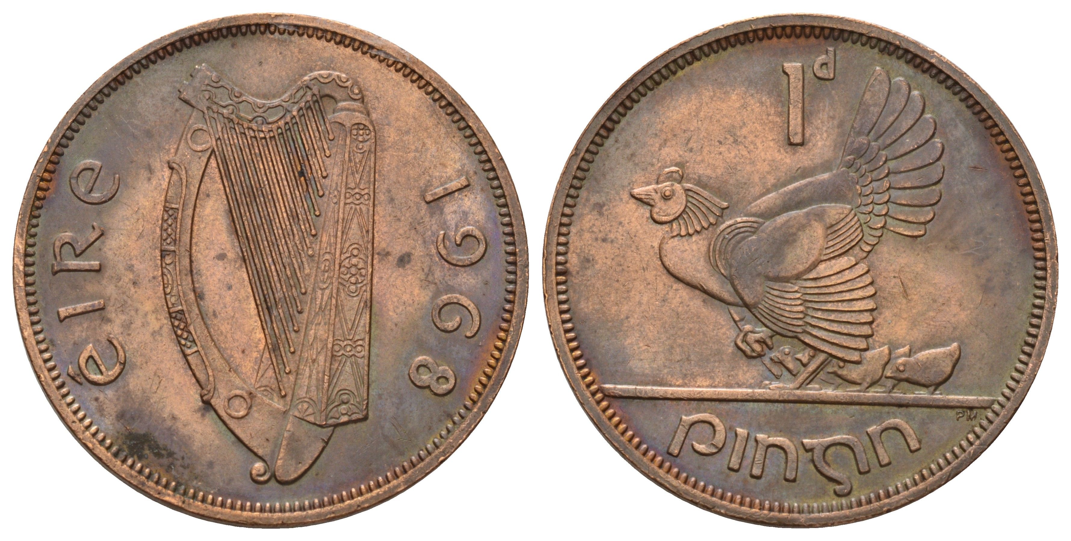 Ирландия 1 пенни 1968 курица с цыплятами KM 11 бронза UNC 4521-234