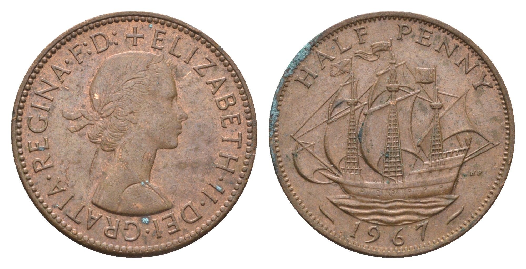 Великобритания 1/2 пенни 1967 Елизавета II (1952-2022) KM 896, Spink 4158 бронза 4663-126