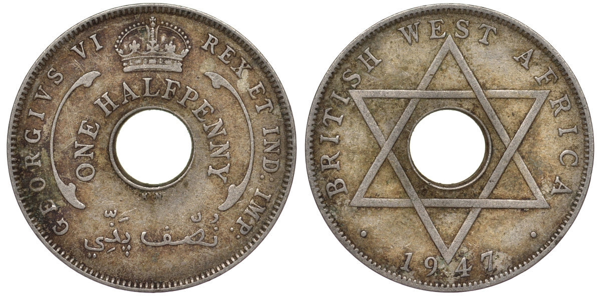 Британская Западная Африка 1/2 пенни 1947 KN, Георг VI KM 18 медно-никель 25-1821