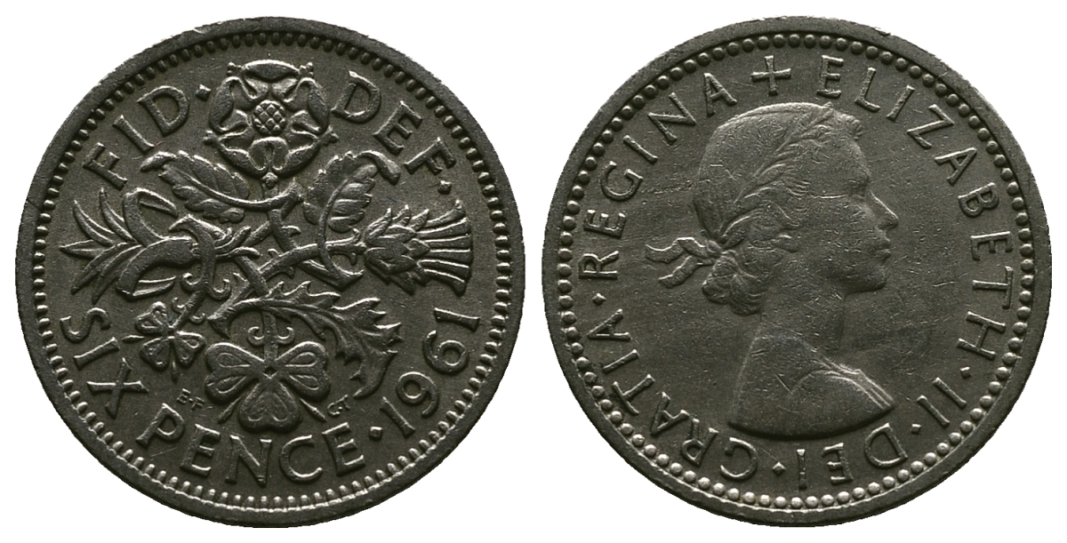Великобритания 6 пенсов 1961 Елизавета II (1952-2022) KM 903, Spink 4149 медно-никель 4381-734
