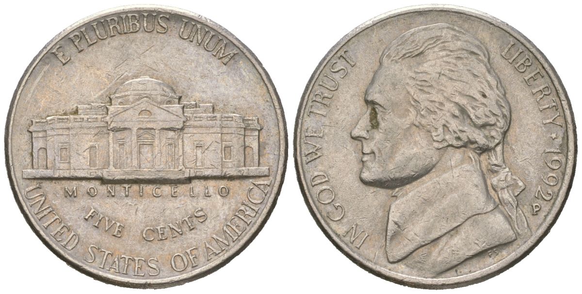 США 5 центов 1992 P, Томас Джефферсон KM A192 медно-никель aUNC 216-353