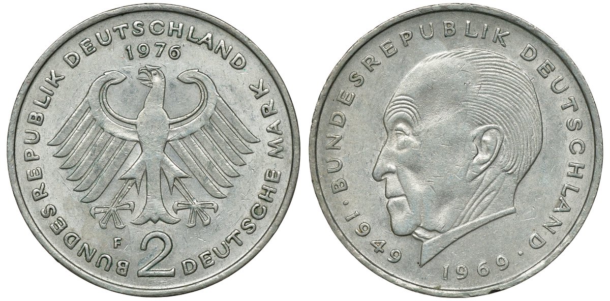 ФРГ 2 МАРКИ 1976 F, КОНРАД АДЕНАУЭР KM 124, J. 406 медно-никель плакированный никелем плакированный никелем UNC 72-512