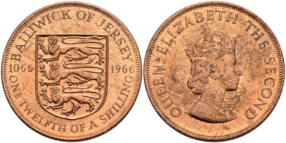 Джерси 1/12 шиллинга 1966 900 лет Нормандскому завоеванию KM 26 бронза UNC 4512-342