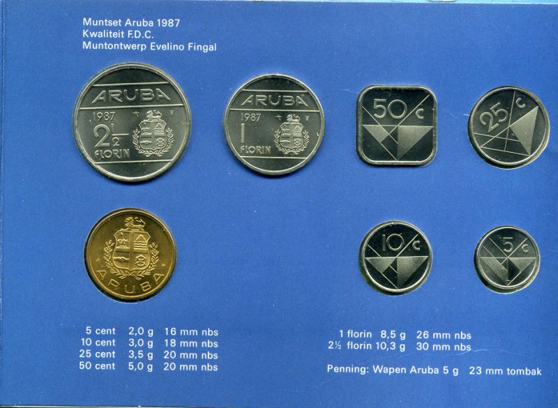 Аруба официальный набор из 6 монет 1987 в оригинальном буклете, с жетоном монетного двора KM MS2 UNC 2-5-2-32