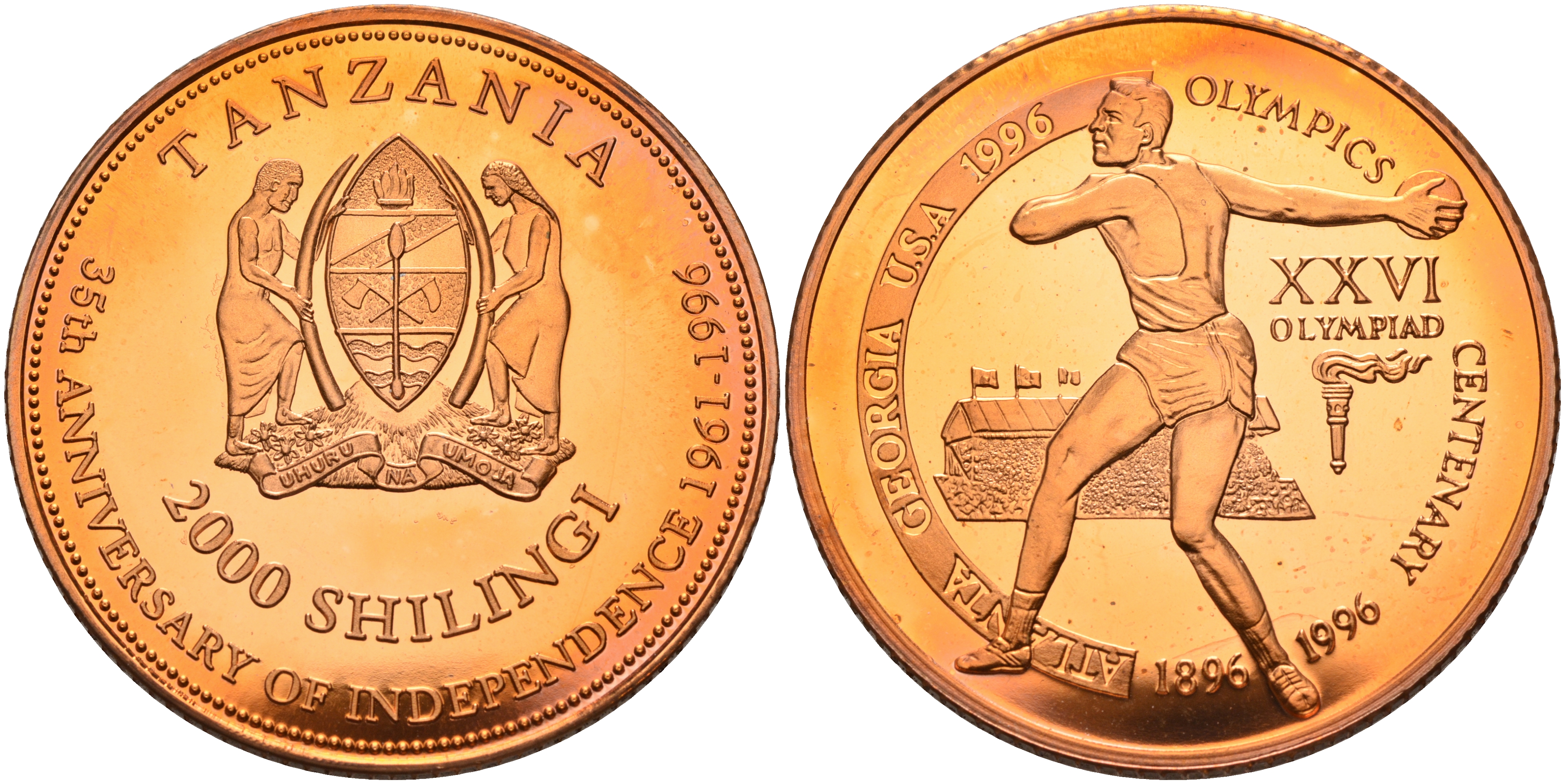 Танзания 2000 шиллингов 1996 XXVI Олимпийские игры 1996 года в Атланте, 100 лет Олимпийскому движению, дискобол, пробник, рубчатый гурт медь PROOF 06-156-14