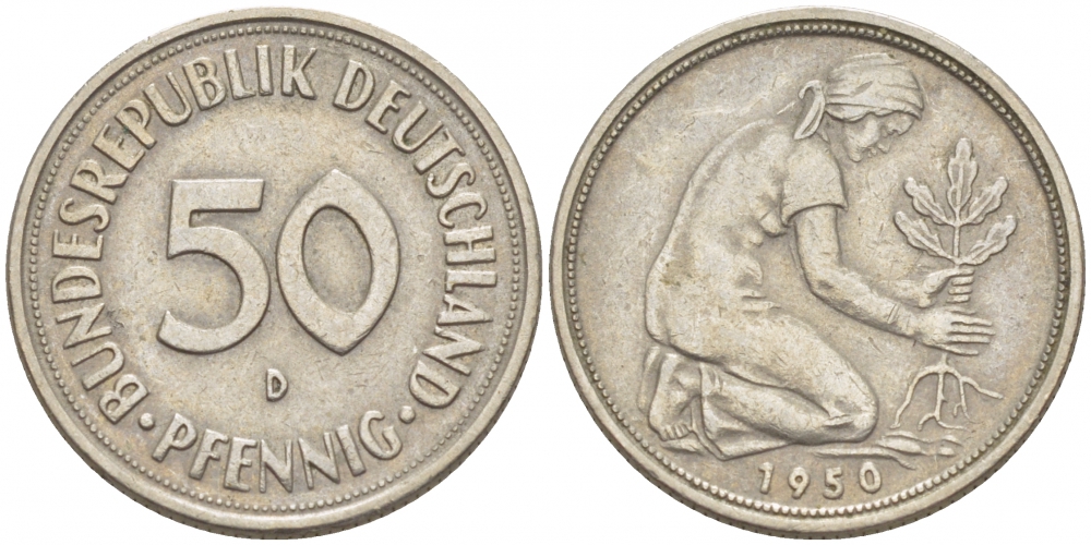 ФРГ 50 ПФЕННИГОВ 1950 D KM 109.1, J. 384 медно-никель 112-952