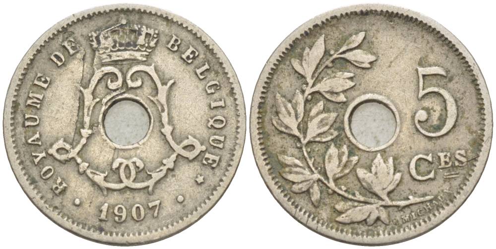 БЕЛЬГИЯ 5 САНТИМОВ 1907 BELGIQUE KM 54 медно-никель 4551-917