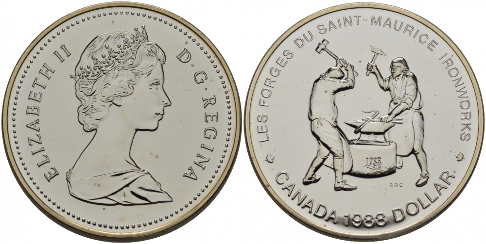 Канада 1 доллар 1988 250 лет кузницам Сен-Мориса, Елизавета II (1952-) KM 161 серебро UNC 1077-9-23