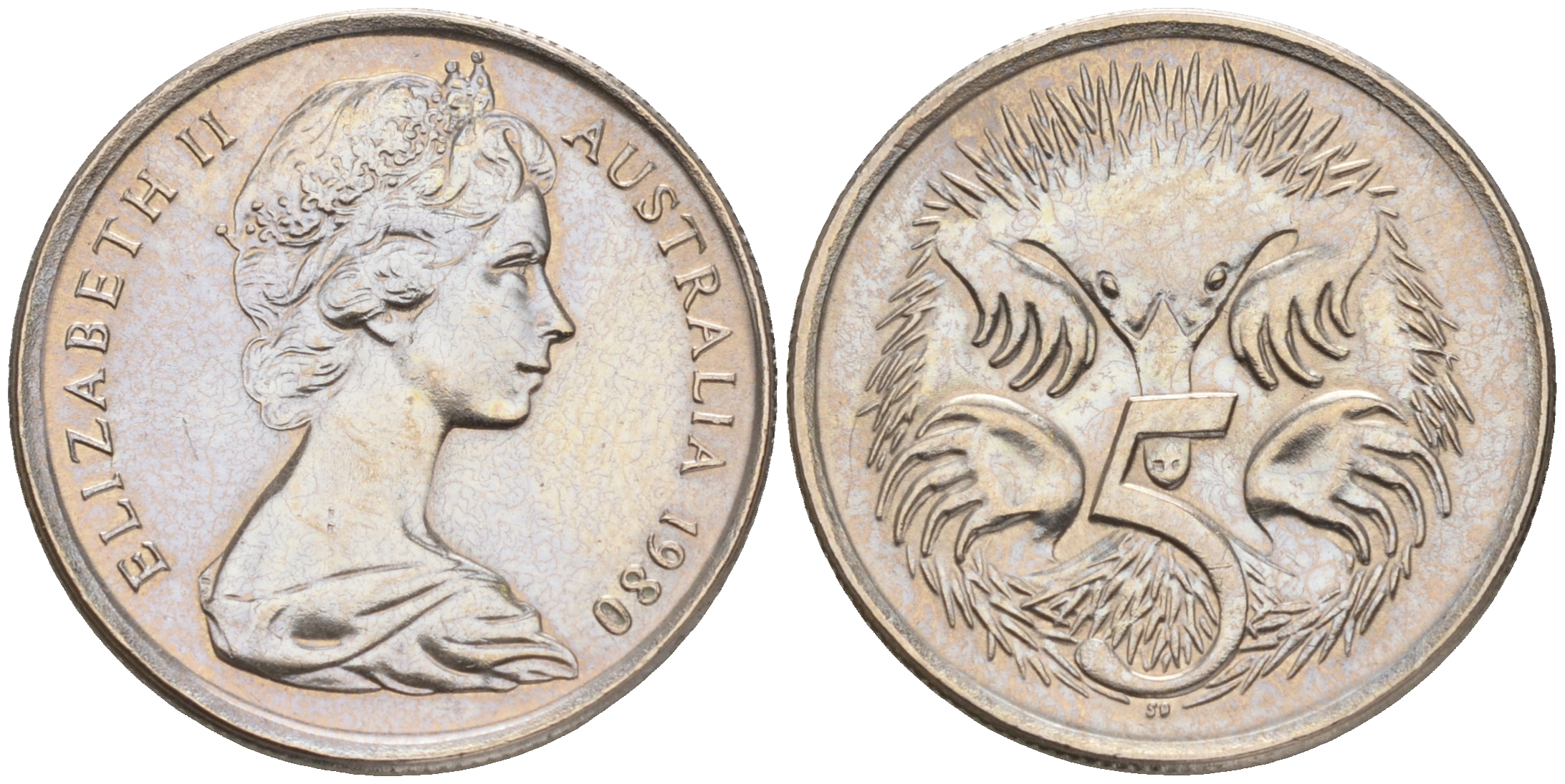 АВСТРАЛИЯ 5 ЦЕНТОВ 1980 ЕЛИЗАВЕТА II, МОЛОДОЙ ПОРТРЕТ, ЕХИДНА KM 64 медно-никель UNC 192-117