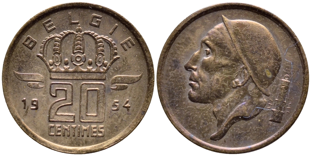 БЕЛЬГИЯ 20 САНТИМОВ 1954 BELGIE KM 147.1 бронза 4392-854