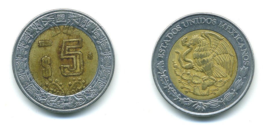 МЕКСИКА 5 ПЕСО 1998 Mo KM 605 биметалл 4364-517