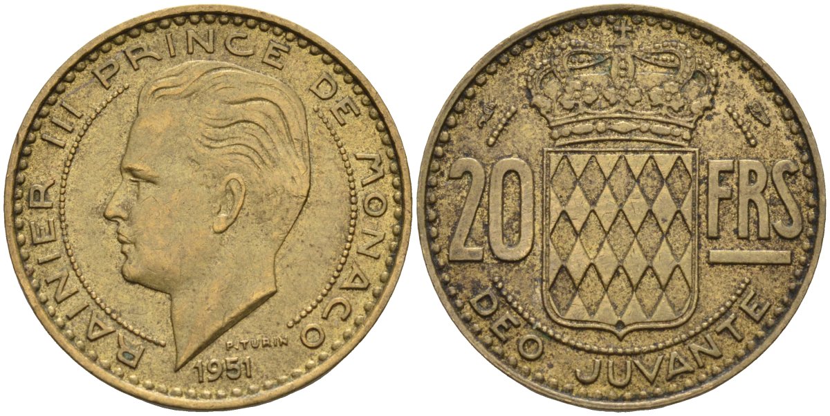 Монако 20 франков 1951 Ренье III (1949-2005) KM 131 алюминиевая бронза 4584-226