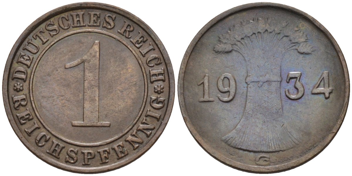 Германия 1 рейхспфенниг 1934 G KM 37, J.313, Weege 2 медь 4585-631