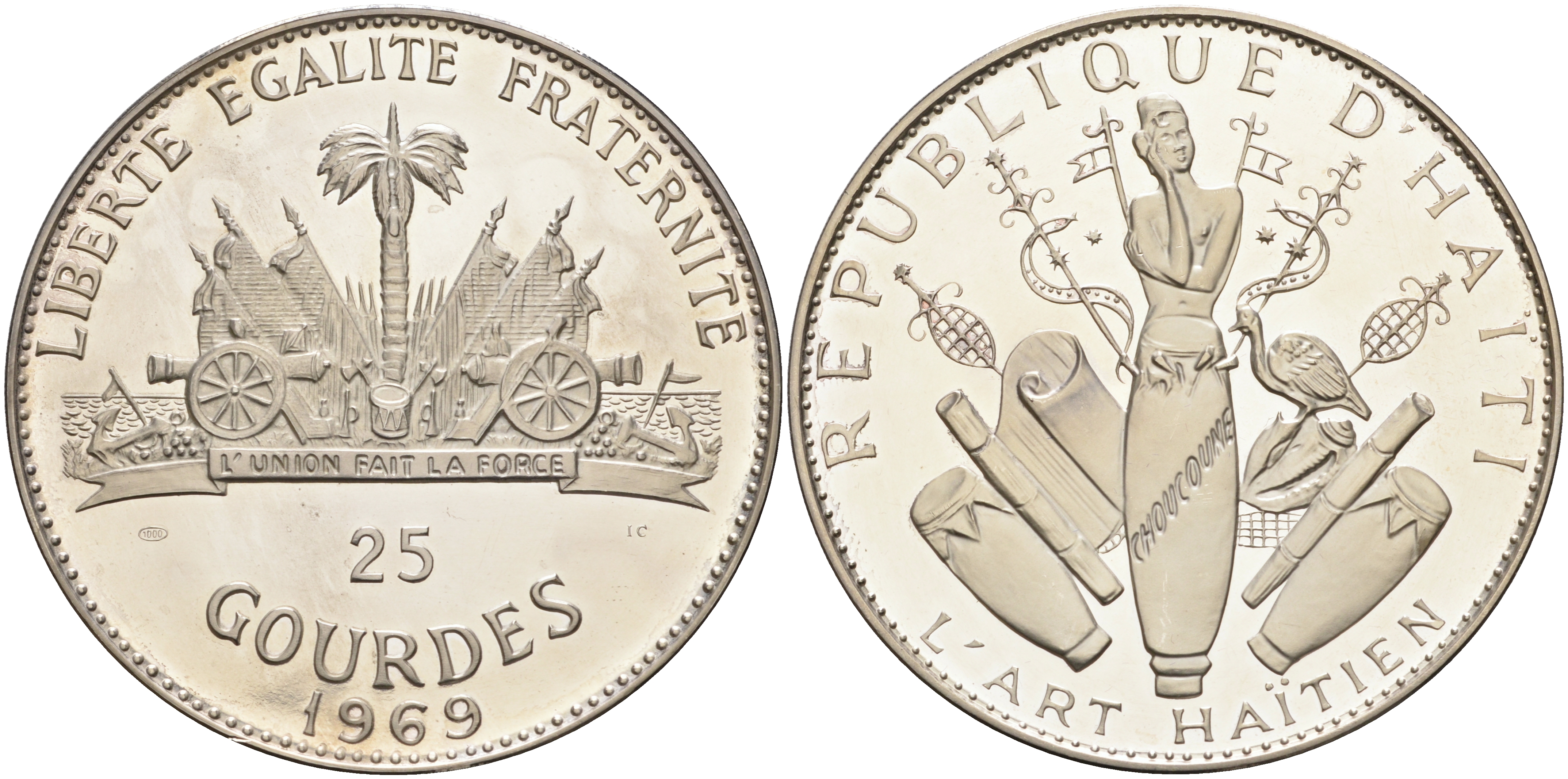 Гаити 25 гурдов 1969 10 лет революции, 155 гр. KM 67.1 серебро PROOF 1069-4-43