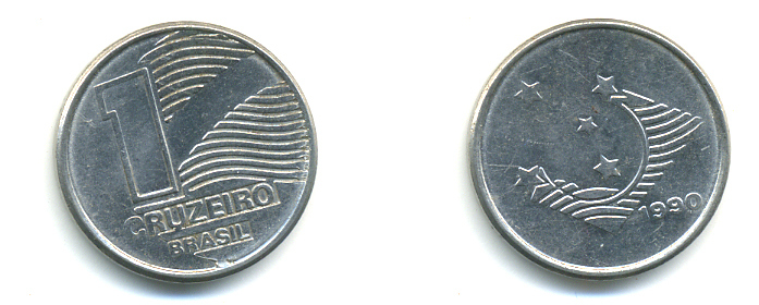 Бразилия 1 крузейро 1990 KM 617 нержавеющая сталь aUNC 93-1013