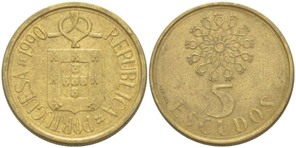 ПОРТУГАЛИЯ 5 ЭСКУДО 1990 KM 632 никель латунь 213-311