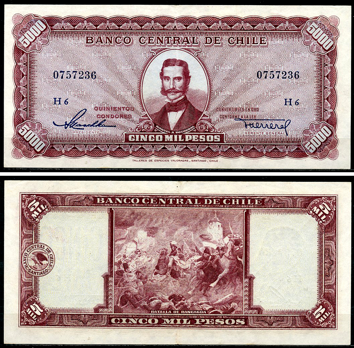 Чили 5000 песо ND (1947-1959) Мануэль Антонио Токорналь, битва при Ранкагуа Pick 117 b (3)  бумага   451-481-1