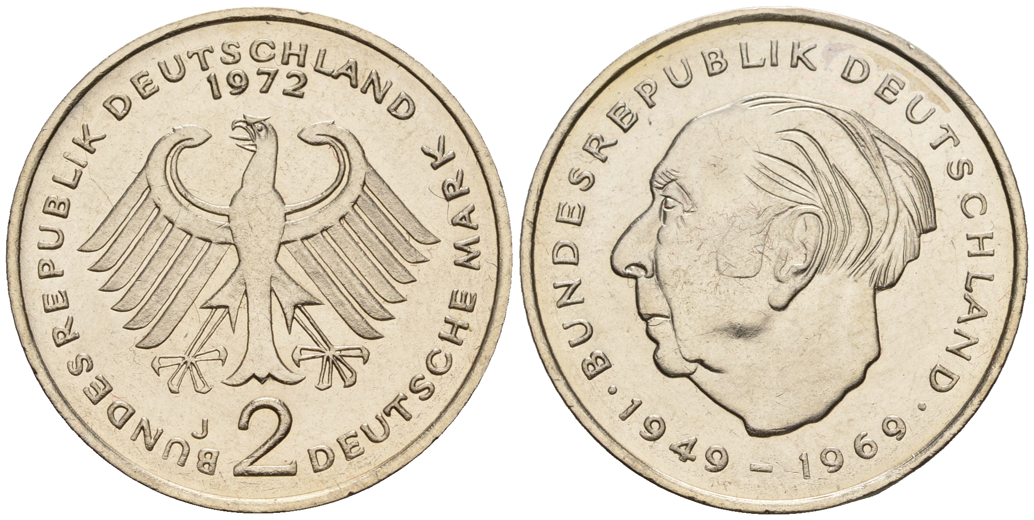 ФРГ 2 марки 1972 J, Теодор Хойс KM 127, J. 407 медно-никель плакированный никелем UNC 259-233