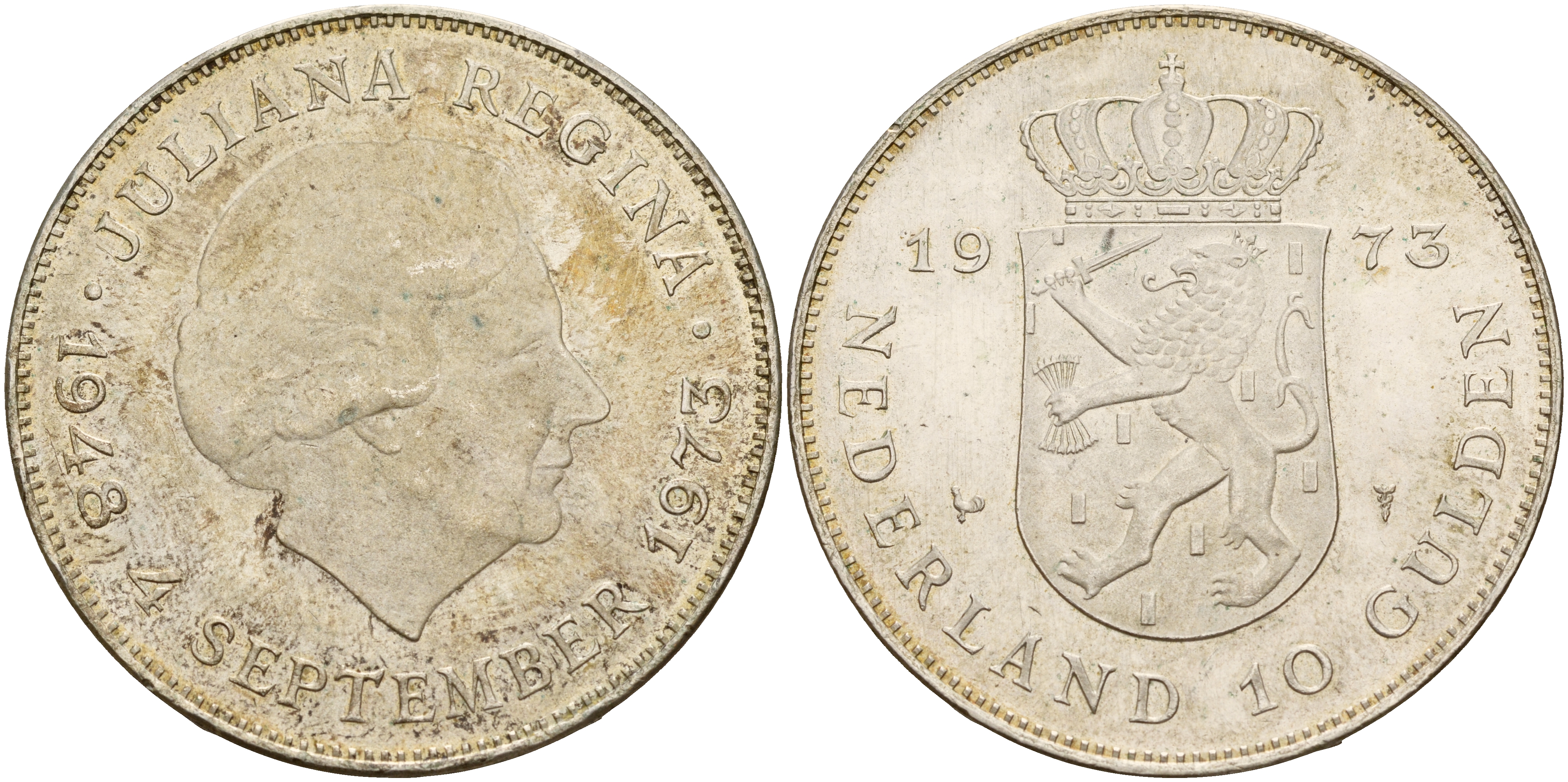Нидерланды 10 гульденов 1973 25 лет правления королевы Юлианы KM 196 серебро 4578-621