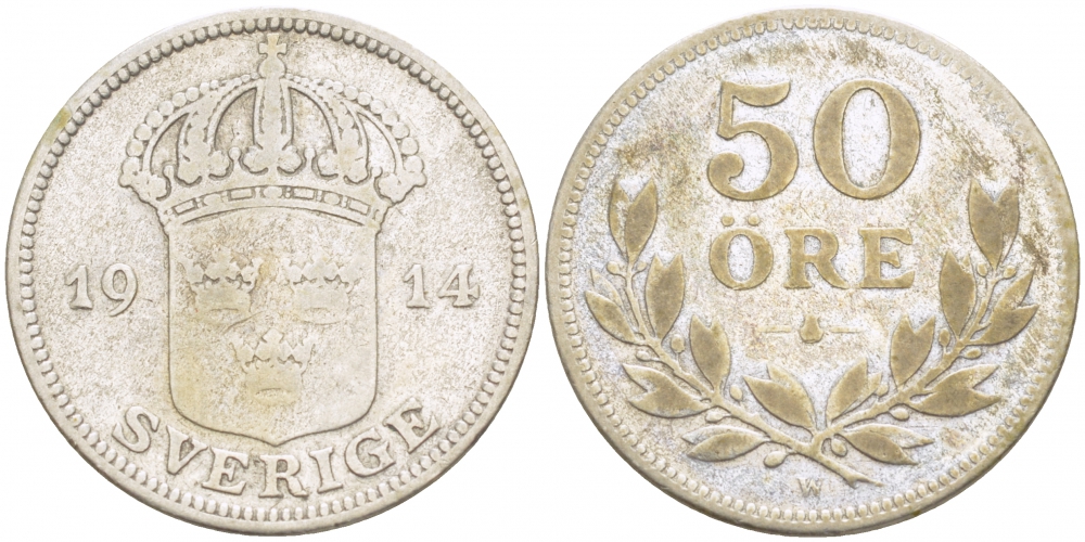 Швеция 50 эре 1914 W, Густав V (1907-1950) KM 788 серебро 4402-336