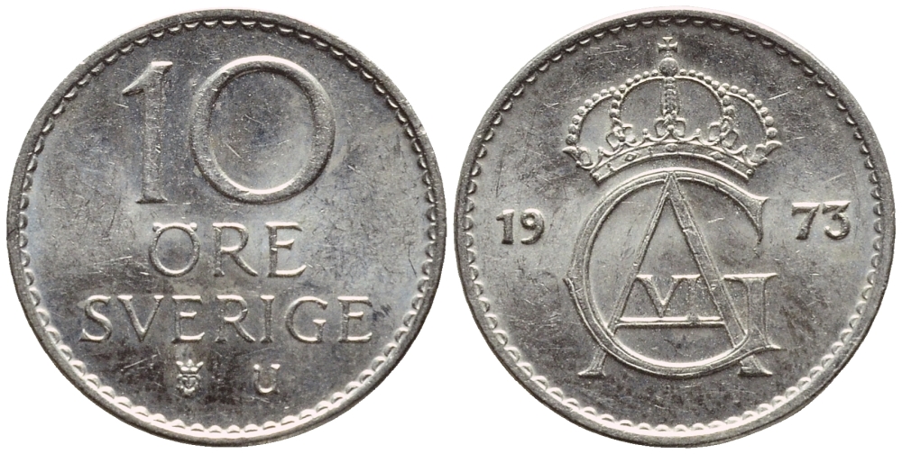 Швеция 10 эре 1973 U, Густав VI Адольф (1950-1973) KM 835 медно-никель 4396-533