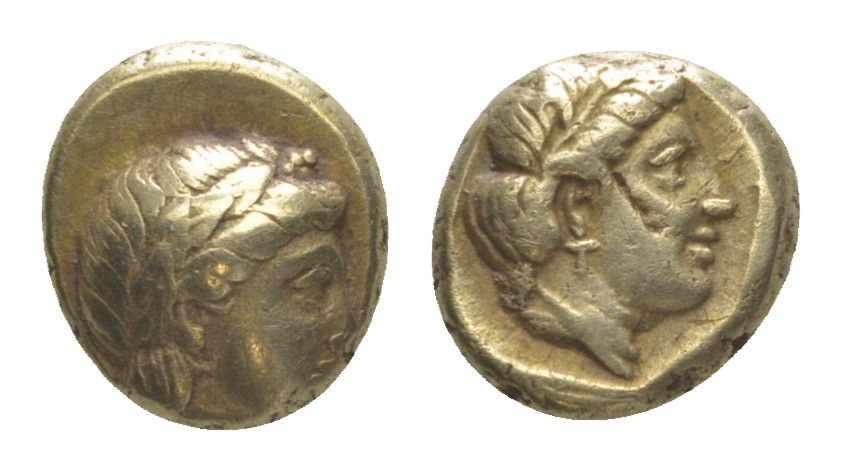 Лесбос, Митилена гекта (1/6 статера) 377-328 гг. до н.э. голова Аполлона/женская голова, 2,48 гр, rare SNG von Aulock 1714 электр 00-801-93