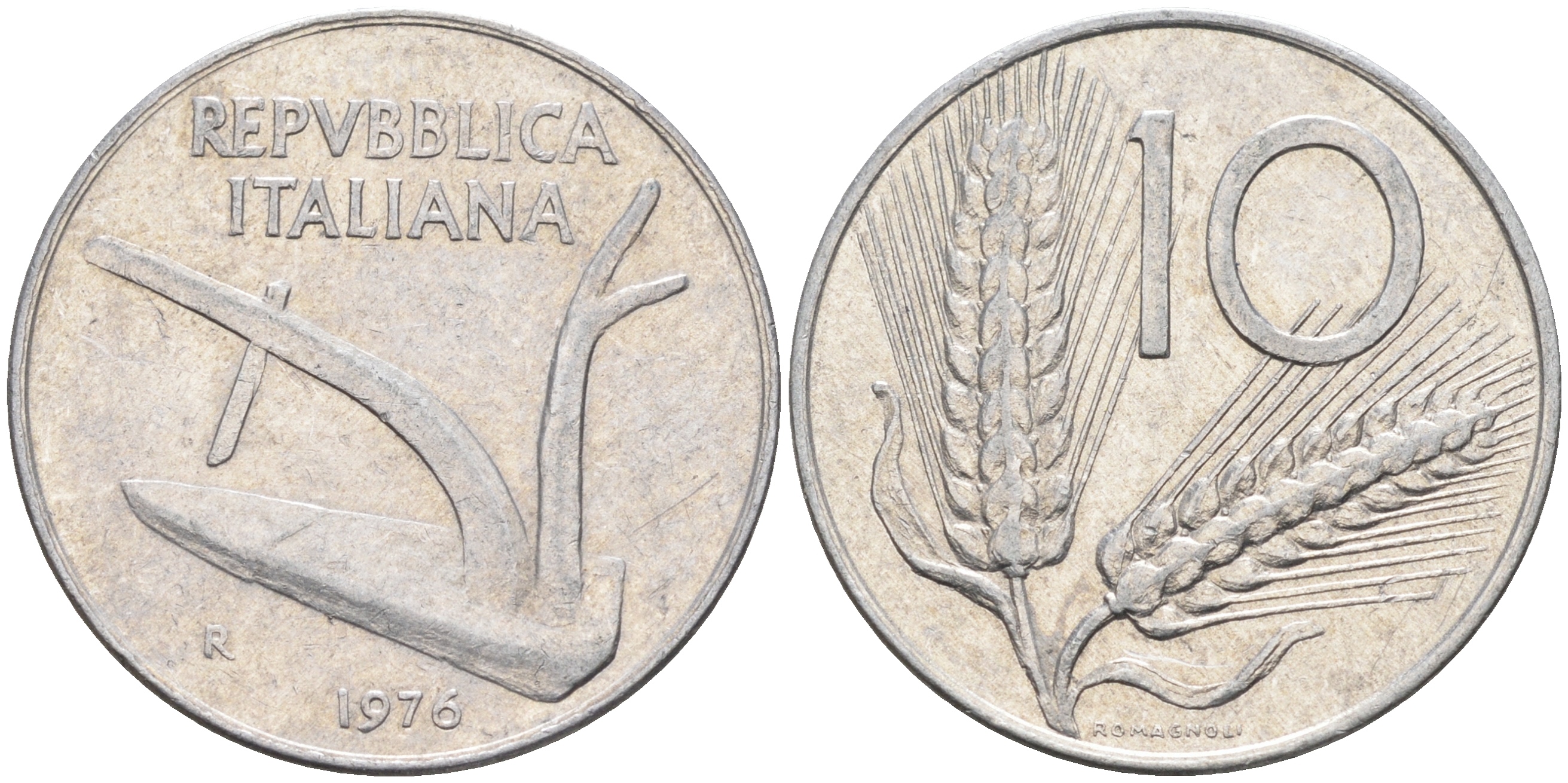 Италия 10 лир 1976 R, плуг KM 93 алюминий 4592-1256