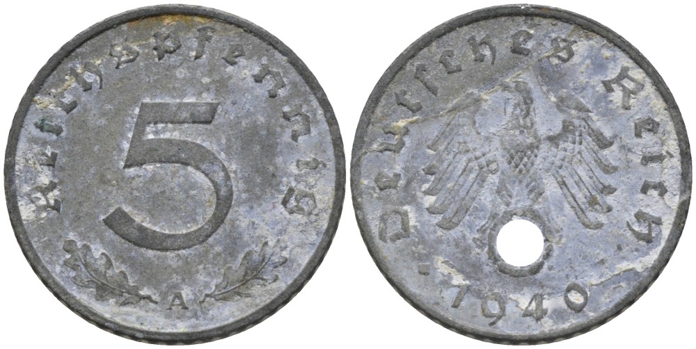 Германия 5 рейхспфеннигов 1940 А, монетный двор Берлин KM 100, J. 370 цинк 186-641