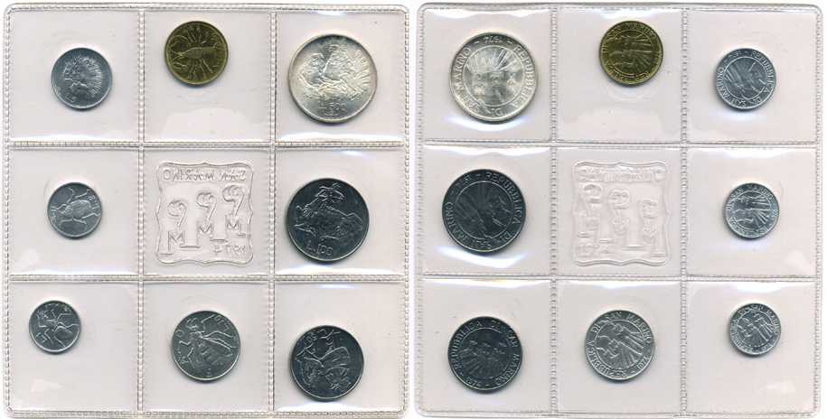 Сан-Марино годовой набор из 8 монет 1974 1, 2, 5, 10, 20, 50, 100 и 500 лир два стилизованных голубя KM 30-37, в оригинальной пластиковой запайке серебро KM MS3 серебро UNC 2-5-1-49