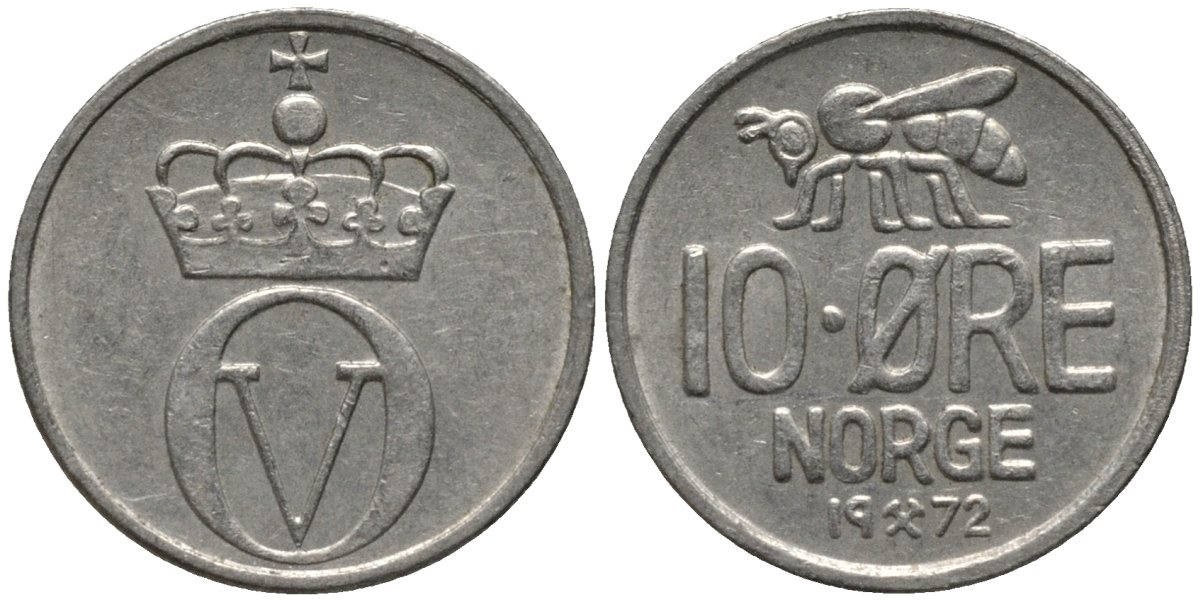 Норвегия 10 эре 1972 пчела, Улаф V (1958-1991) KM 411 медно-никель 214-226