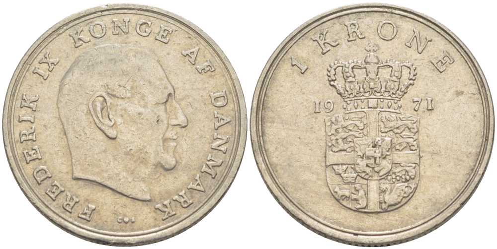 ДАНИЯ 1 КРОНА 1971 C; S, ФРЕДЕРИК IX (1947-1972) KM 851.1 медно-никель 95-1026