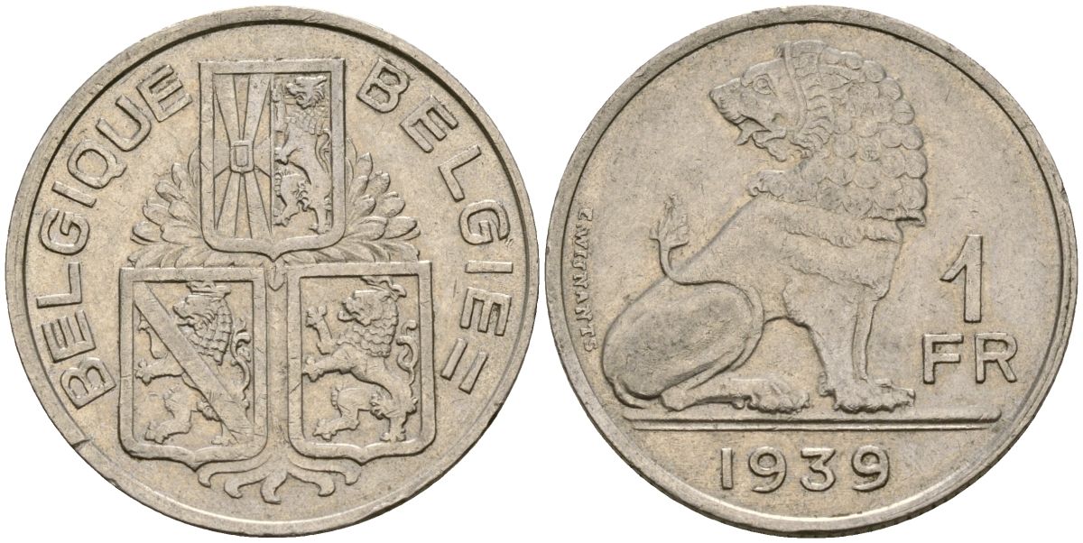 Бельгия 1 франк 1939 Belgique - Belgie KM 119 никель 4135-1042
