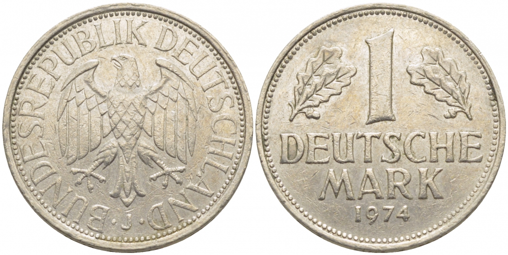 ФРГ 1 МАРКА 1974 J KM 110, J. 385 медно-никель 3856-133