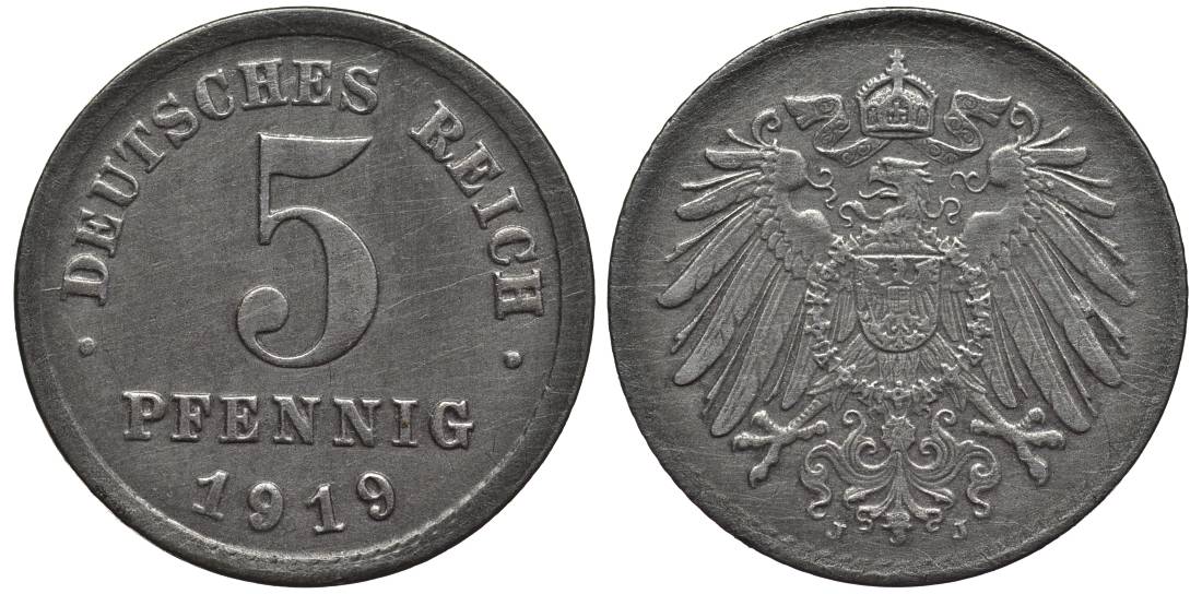 ГЕРМАНИЯ 5 ПФЕННИГОВ 1919 J KM 19, Jager 297, Weege 5 железо 4547-618