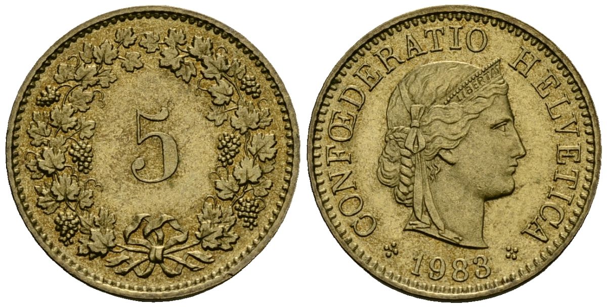 Швейцария 5 раппенов 1983 KM 26c алюминиевая бронза 4173-1053