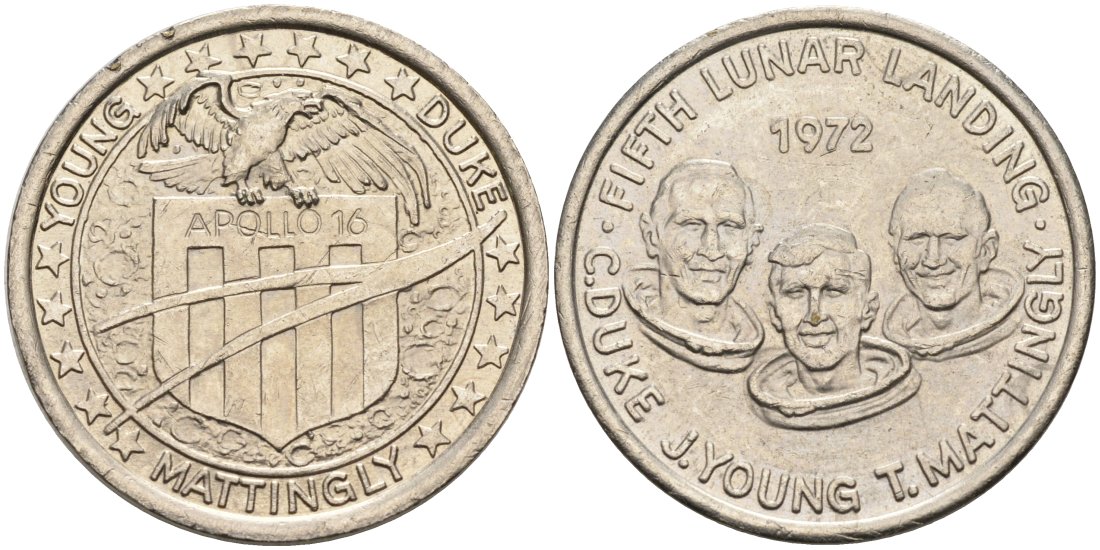 США жетон ND Аполлон 16, пятая высадка людей на Луну, C. Duke, J.Young, T.Mattingly, диаметр 26 мм. белый металл 4572-746